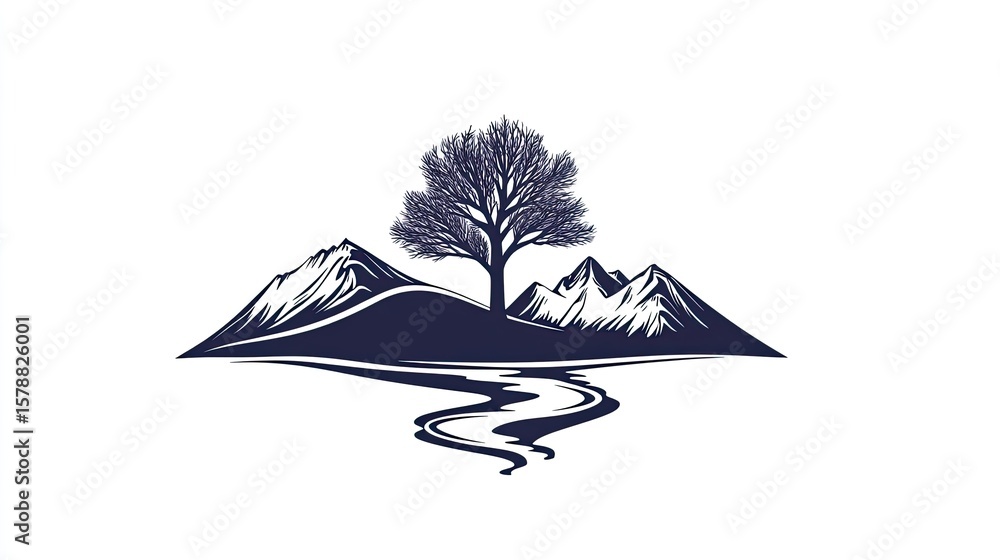 Poster the stock photo shows a vector logo combining a tree and a mountain range with a flowing river.