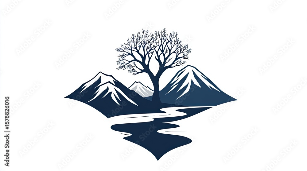 Poster the stock photo shows a vector logo combining a tree and a mountain range with a flowing river.