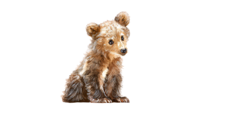 Adorable brown bear cub sitting and looking curious on black background Concept of wildlife, baby animals, and innocence