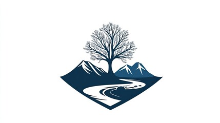 The stock photo shows a vector logo combining a tree, mountain, and river.