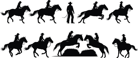 Cowboy riding horse silhouette, western ranch lifestyle, equestrian obstacle jump, rustic adventure, cowboy sport, black vector graphic, rodeo action, dynamic pose