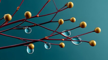 Close-Up of Red Branches with Yellow Buds and Water Droplets on a Teal Background