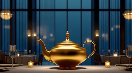Elegant Golden Teapot as the Centerpiece on a Table in a Sophisticated Restaurant Interior