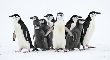 Obraz premium 南極 群れ歩くペンギン 白い雪景色 輝く太陽光. AI Generated
