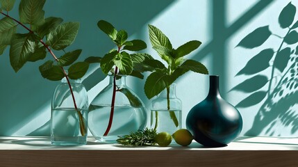 Stylish Botanical Arrangement with Mint and Limes in Glass Vessels Casting Shadows on Blue Wall