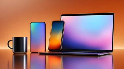 Colorful electronic devices including smartphone, laptop and coffee mug on reflective surface with gradient background