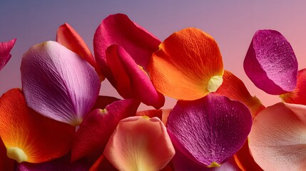 Colorful Arrangement of Vibrant Flower Petals on a Soft Gradient Background in Natural Light