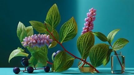 Botanical Still Life Featuring Lush Green Leaves and Delicate Flowers on a Turquoise Background