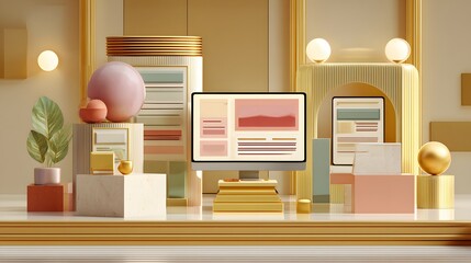 Vibrant, Colorful Interior Workspace Design Featuring Modern Geometric Furniture and Decorative Elements