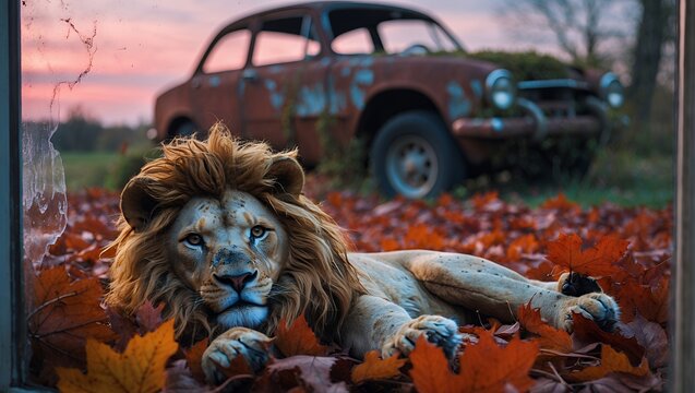 Fototapeta Lion Resting in Autumn Leaves with Vintage Car Background