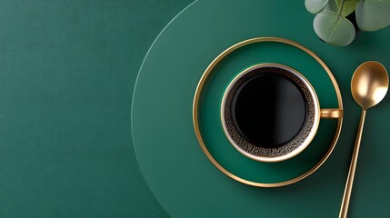 Elegant Flatlay of Black Coffee Cup with Gold Spoon on Green Textured Surface