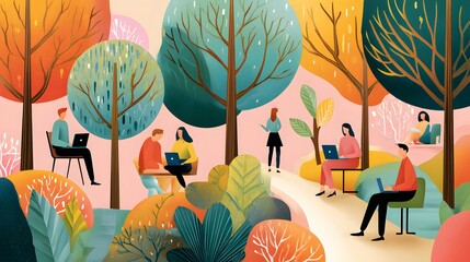 Individuals Working on Laptops Surrounded by Vibrant Autumn Trees in a Serene Outdoor Environment