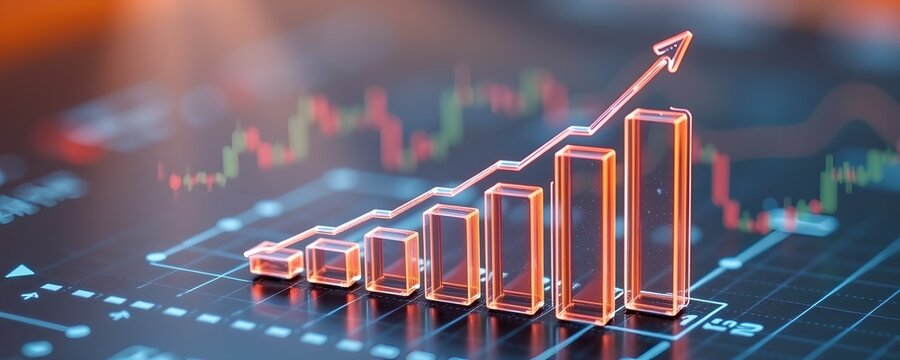 macro icon of transparent 3d financial growth chart with stock market candlestick bars.