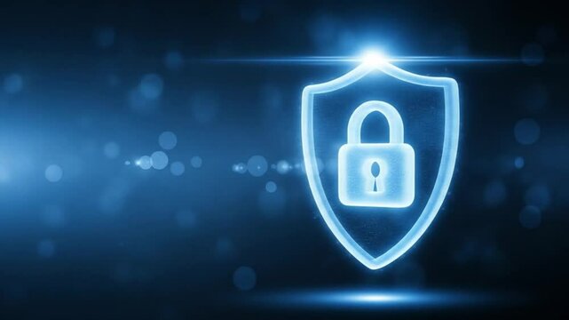 A glowing shield with a padlock inside represents cybersecurity and the protection of digital information