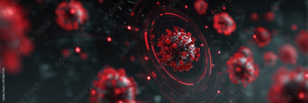 Poster digital animation depicting virus multiplication with red alert overlay in a clear environment showc