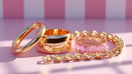 Glistening Gold Rings and Pink Bracelet on a Reflective Surface with Soft Lighting