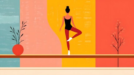 Stylized Illustration of a Dancer in a Graceful Pose Against a Colorful Abstract Background