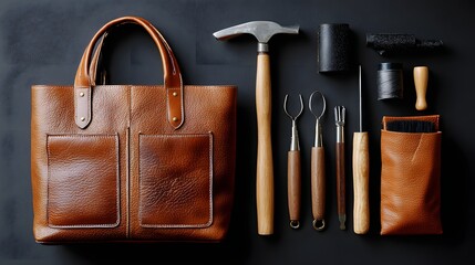Leather Crafting Tools and Tote Bag Arranged on Dark Surface for Artisan Workspace
