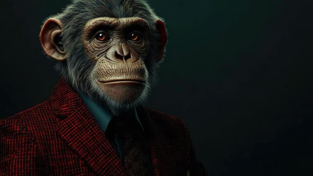Humanized monkey with suit and tie, business attire, in dark setting.
