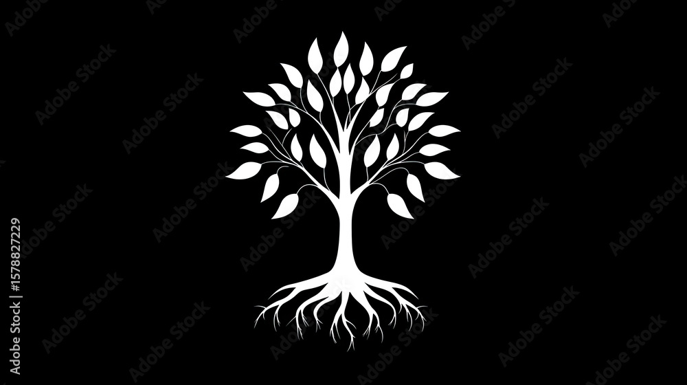 Poster the stock photo shows a clean-lined vector logo of a tree with visible roots and leaves.