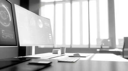 Modern Minimalist Office Workspace Featuring Dual Monitors and Soft Natural Lighting