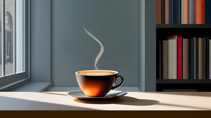 Morning Coffee Cup with Steam on Table by Window in Cozy Interior with Soft Light and Shadow