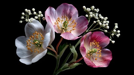 Vibrant Pink and White Flowers with Delicate Petals and Green Leaves on Black Background