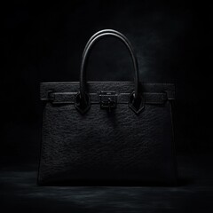 Luxurious black leather handbag depicted against a dark and dramatic black backdrop