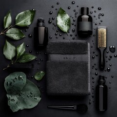 Luxurious black spa set with leaves and water drops on a dark surface aesthetic