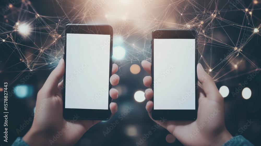 Poster two hands holding smartphones with blank screens against a bokeh background showing network connecti