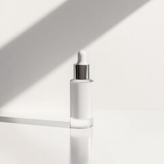 Minimalist white serum bottle with dropper isolated against a clean white backdrop.