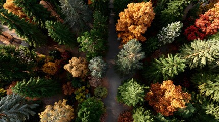 Aerial View of a Vibrant Autumn Forest with Colorful Foliage and a Clear Pathway Through Trees