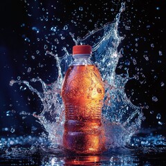 Refreshing beverage bottle bursting in a dynamic splash of water with sparkling effects