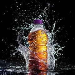 Refreshing bottle of drink surrounded by dynamic water splash against a black background