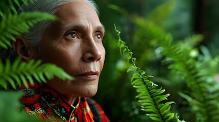 Elderly Woman with Thoughtful Expression Surrounded by Lush Greenery in a Serene Natural Setting