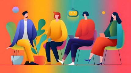 Diverse Group of Professionals Engaged in Collaborative Discussion in a Colorful Workspace