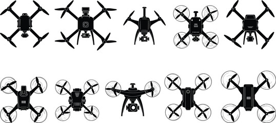 Drone silhouette collection, quadcopter icon set, UAV vector design, aerial technology illustration, remote control aircraft graphic, black and white artwork