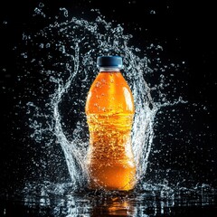 Refreshing orange flavored beverage in bottle surrounded by water splash on black background