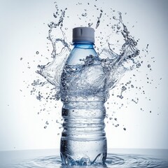 Refreshing water bottle surrounded by splashing water against a clean white background