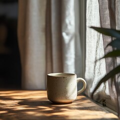 Rustic ceramic mug on wooden surface with soft sunlight and sheer curtains in background