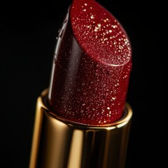 Close up shot of a sparkling ruby red lipstick against a black background