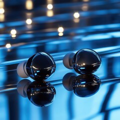 Close up studio shot of two modern wireless earbuds with futuristic metallic shine and reflections