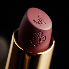 Close-up of a luxurious dusty rose lipstick with gold packaging on a black backdrop