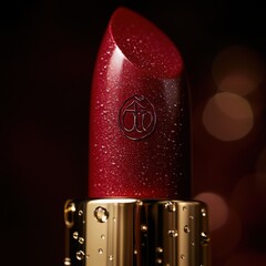 Close-up photograph of a luxurious shimmering ruby red lipstick with a gold base