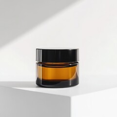 Cosmetic amber glass jar with black lid product photography skincare and self care concept