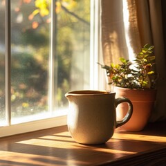 Cozy ceramic mug and potted plant on a wooden window sill with natural sunlight