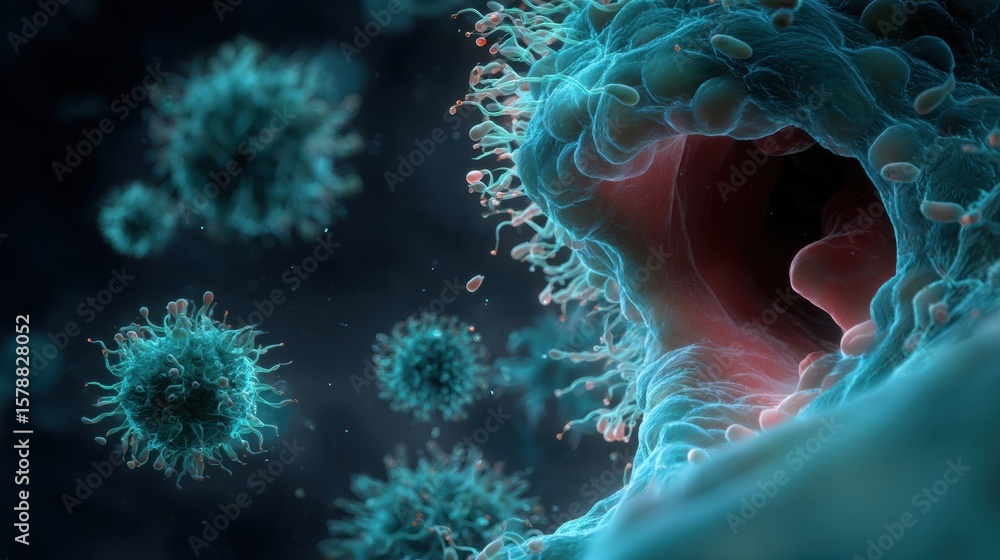 Poster detailed representation of cold germs entering the mouth at a microscopic level, showcasing their in