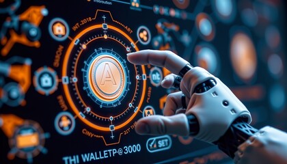 robotic hand, selecting coin icon in “ai wallet”, fintech automation concept, chrome futuristic style, dof
