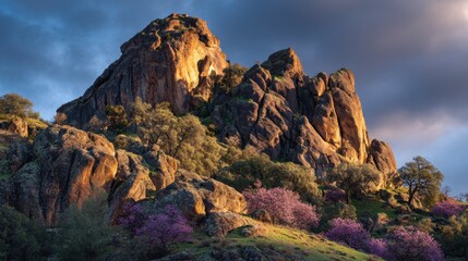 Obraz premium Breathtaking sunset over rocky landscape with blossoming trees nature photography outdoor serenity scenic viewpoint