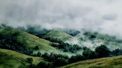 Misty green hills and valleys under a cloudy sky